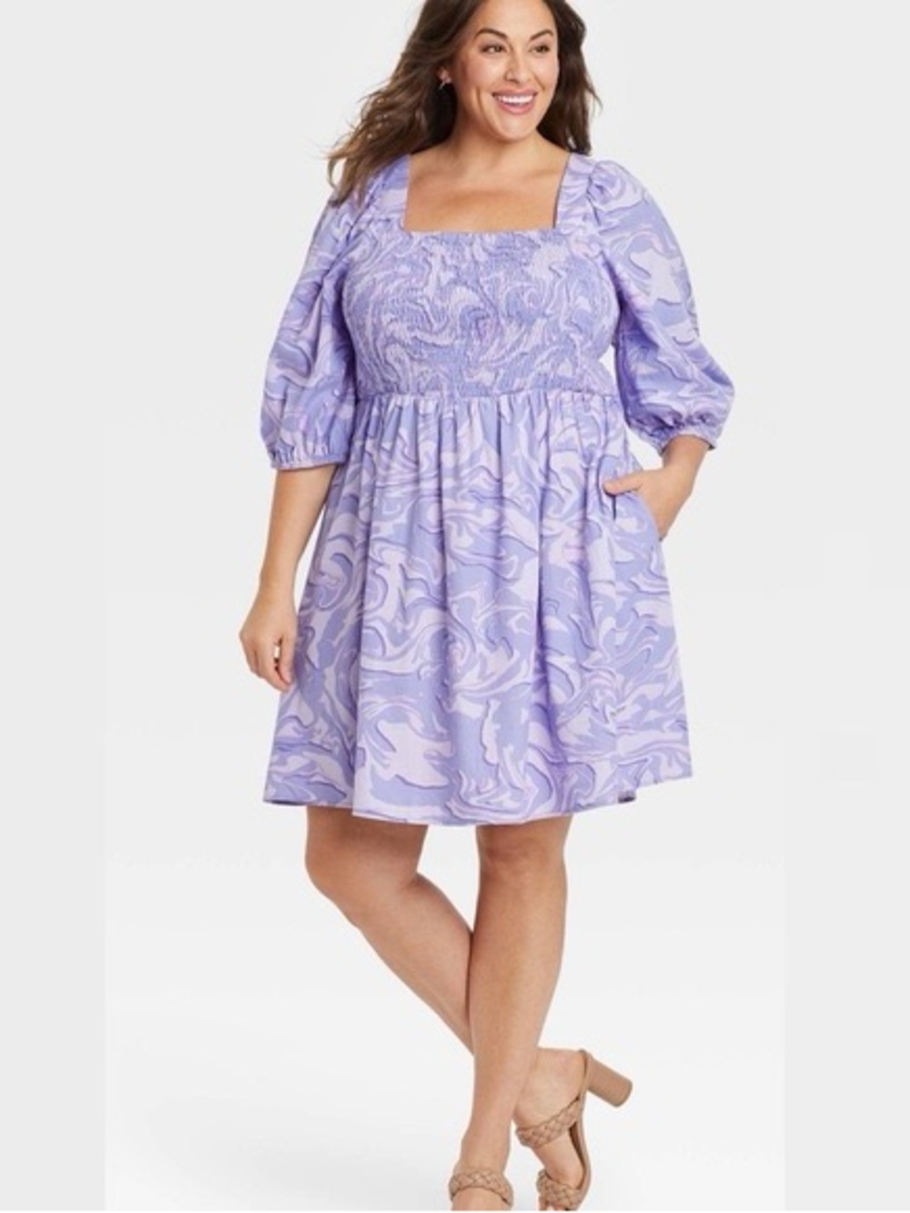 Ava & Viv Lilac Marble Print Smocked Square-Neck Dress